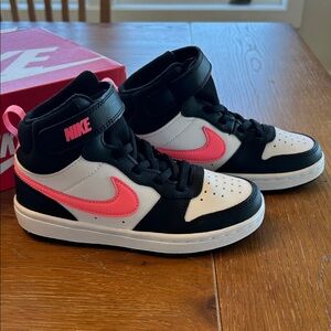 Girl’s Nike Black and Pink Court Borough Mid 2 High-Tops (Size 12)